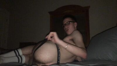 19 year old hairy college guy Jesse Gold jerks off wearing a jockstrap and glasses