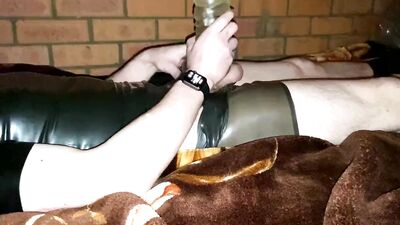 Clear TPE Fleshlight wank & cum in latex on waterbed