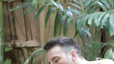 Handsome dude sucks with passion his boyfriend big cock and swallows cum outdoor