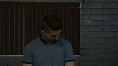 Alex yanks his underwear to one side, revealing a rock-hard, big, uncut cock with huge low-hangers.