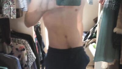 POV - twink jerks off onto the mirror with a vibrating cock ring