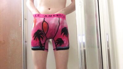 Pissing myself in tight pink AE boxer briefs and getting hard