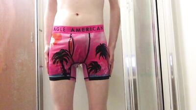Pissing myself in tight pink AE boxer briefs and getting hard