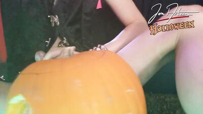 Happy Halloween Jon Arteen the devil twink in boots wanks his dick and cums near a pumpkin