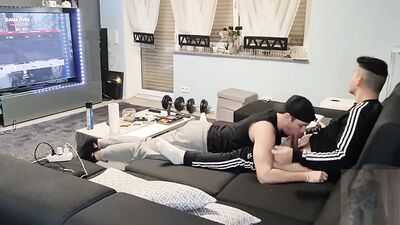 Pavel surprises Silvio while he's playing games and sucks his big dick