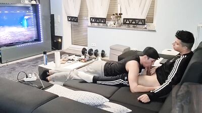 Pavel surprises Silvio while he's playing games and sucks his big dick