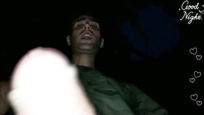 Twink cums while he is walking through night forest