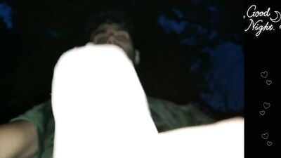 Twink cums while he is walking through night forest