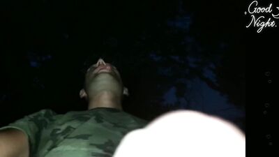 Twink cums while he is walking through night forest