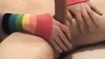 Gay Porn Twink With Shaved Cock and Rainbow Armbands Jerks and Cums Video