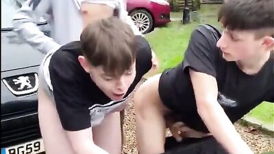 3 Twinks Fuck on Hood of Car Boys Porn