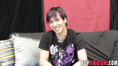 Gorgeous twink Aiden Page wanking big cock after interview