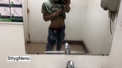 Cute twink from tiktok gets naked in the public bathroom of the city