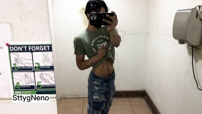 Cute twink from tiktok gets naked in the public bathroom of the city