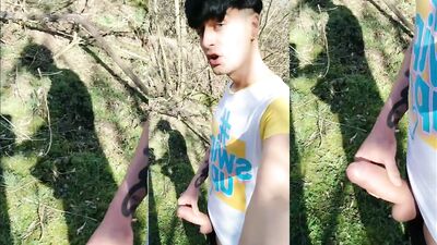 Twink and his shadow on a sunny day - Outdoor jerk off - thick cock