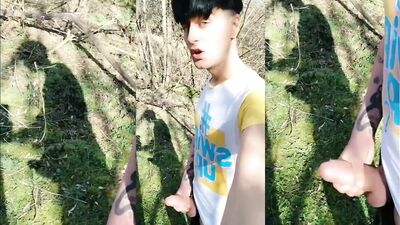Twink and his shadow on a sunny day - Outdoor jerk off - thick cock