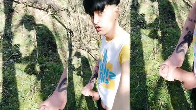 Twink and his shadow on a sunny day - Outdoor jerk off - thick cock