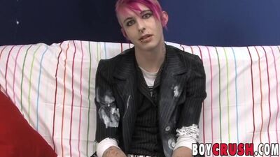 Girly twink Jay Donohue jerks off after getting interviewed