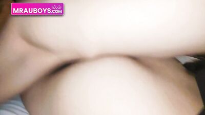 Thresome in the apartment with 18yo Femboy. Twink fucks bareback Femboy and blowjob boyfriend!