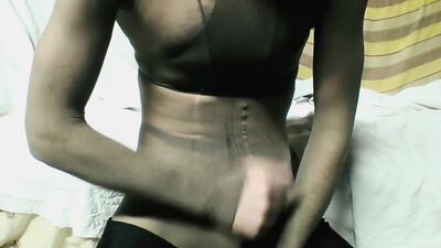 YOUNG GUY IN TAN PANTYHOSE ENCASEMENT AND SPANDEX LEGGINGS MASTURBATING