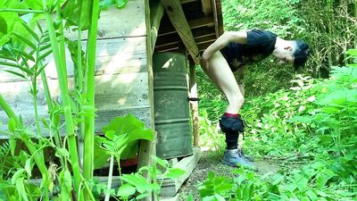 Perv farmer boy sucks and rides black dildo outdoor