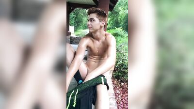 Twink Boy gets caught Jerking off outside! Biker joins in!!!!