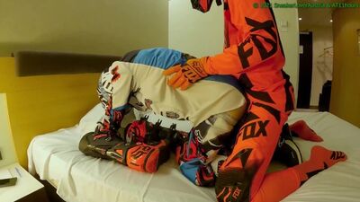 Hard Fucking my boyfriend, cum in his hole while he jerks on my MX boots