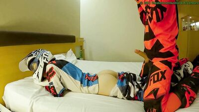 Hard Fucking my boyfriend, cum in his hole while he jerks on my MX boots