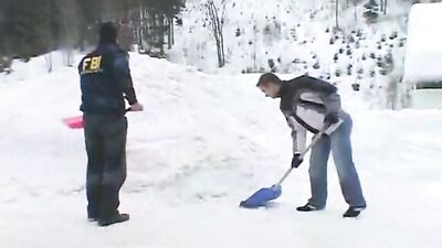 Snow Shoveling Men Heat Up in Group Action!