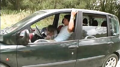Woodsy Thrills: A Blond Driver Serves Two Hungry Cubs In The Forest!